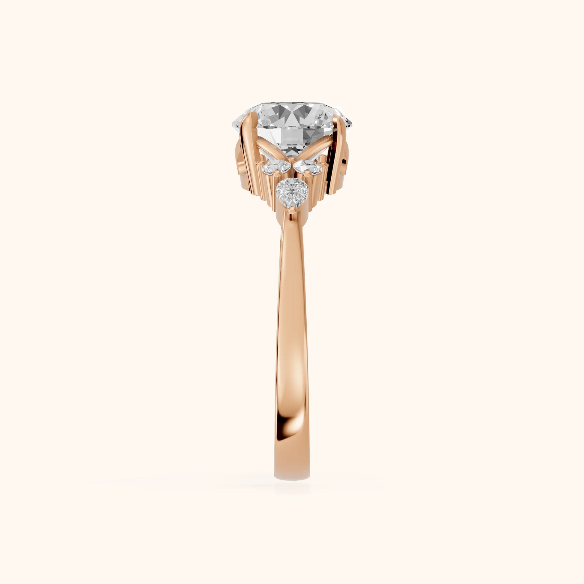Amelia Three Stone Round Diamond Engagement Ring in Rose Gold - SideView