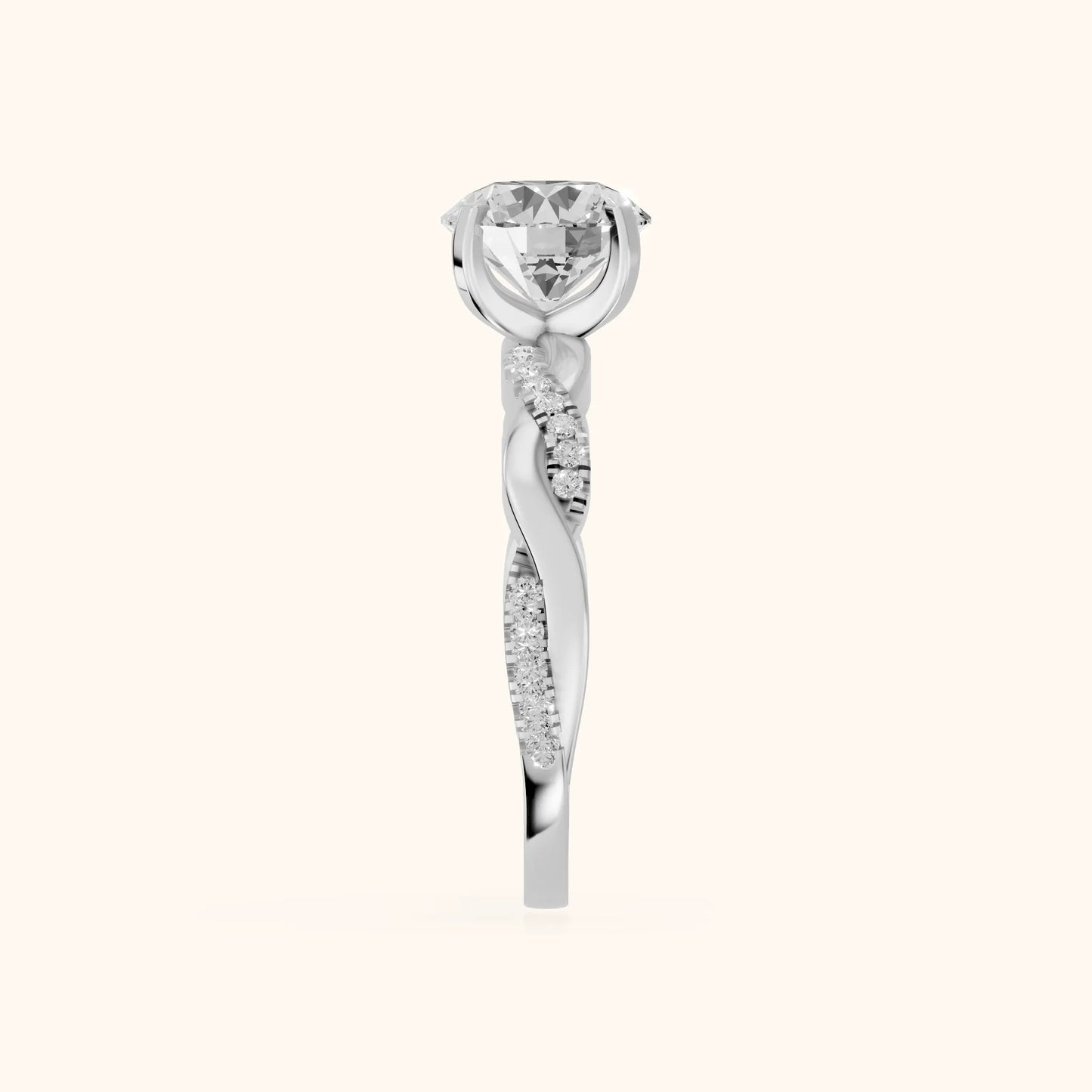 Twisted Side Stone Round Diamond Engagement Ring in White Gold - SideView