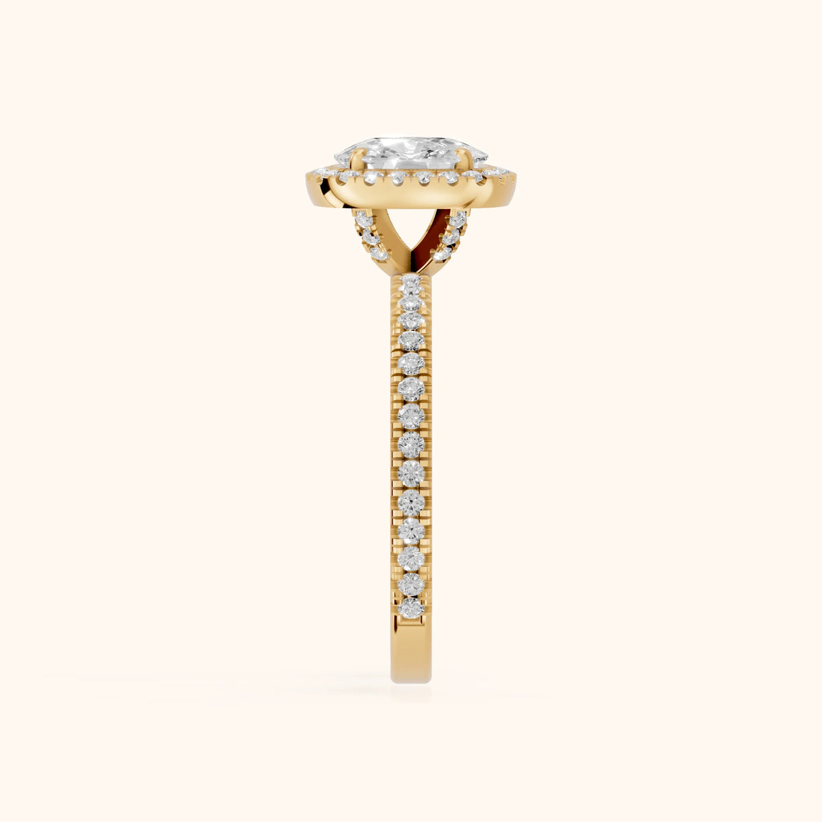 Rosemary Halo Pavé Cushion Diamond Engagement Ring in Yellow Gold - SideView.webp