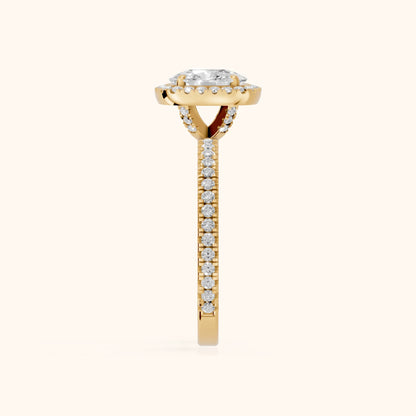Rosemary Halo Pavé Cushion Diamond Engagement Ring in Yellow Gold - SideView.webp