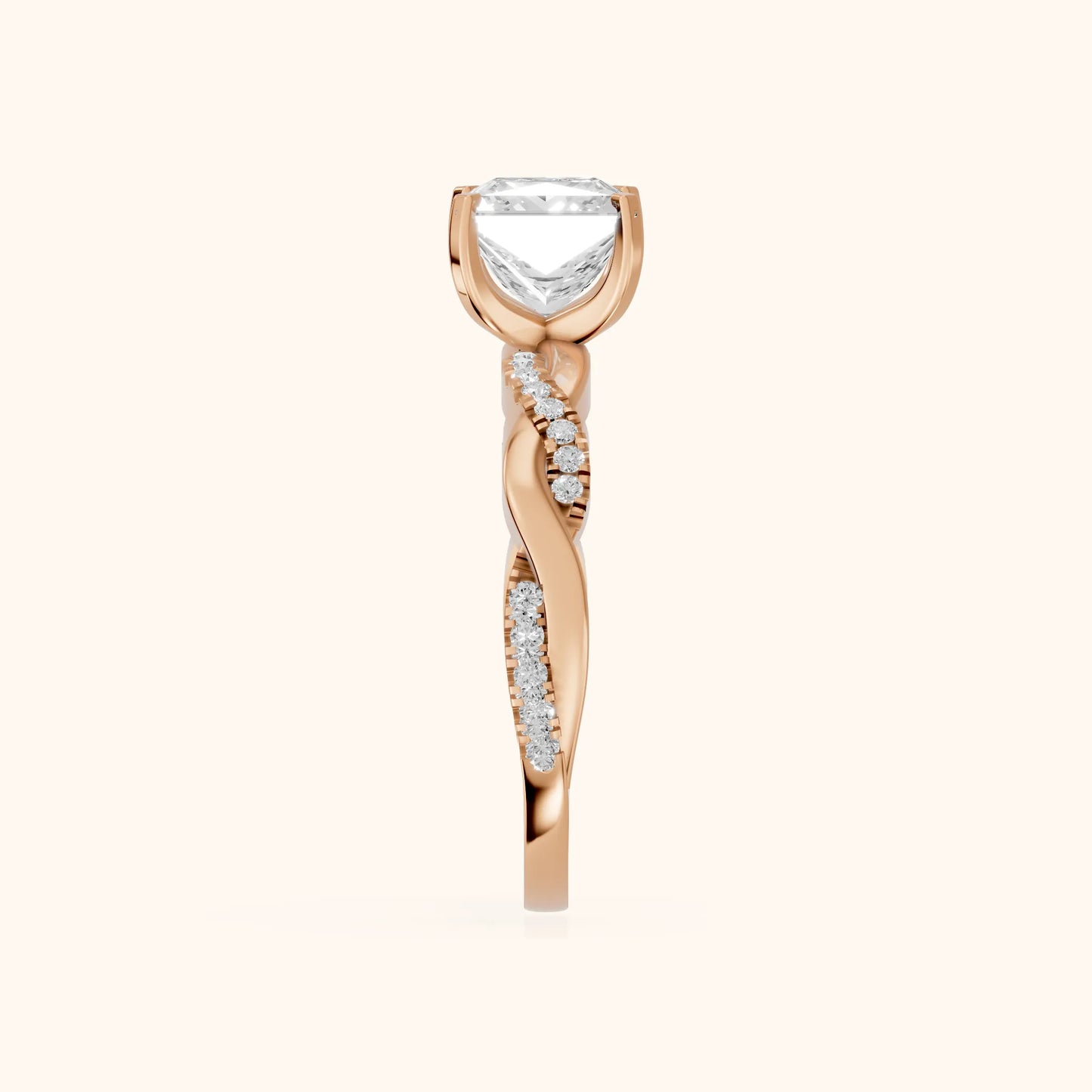 Twisted Side Stone Princess Diamond Engagement Ring in Rose Gold - SideView
