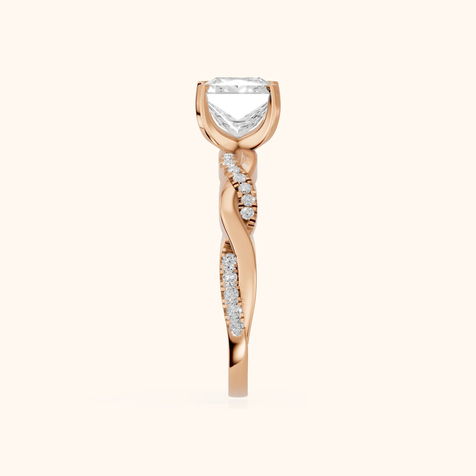 Twisted Side Stone Princess Diamond Engagement Ring in Rose Gold - SideView