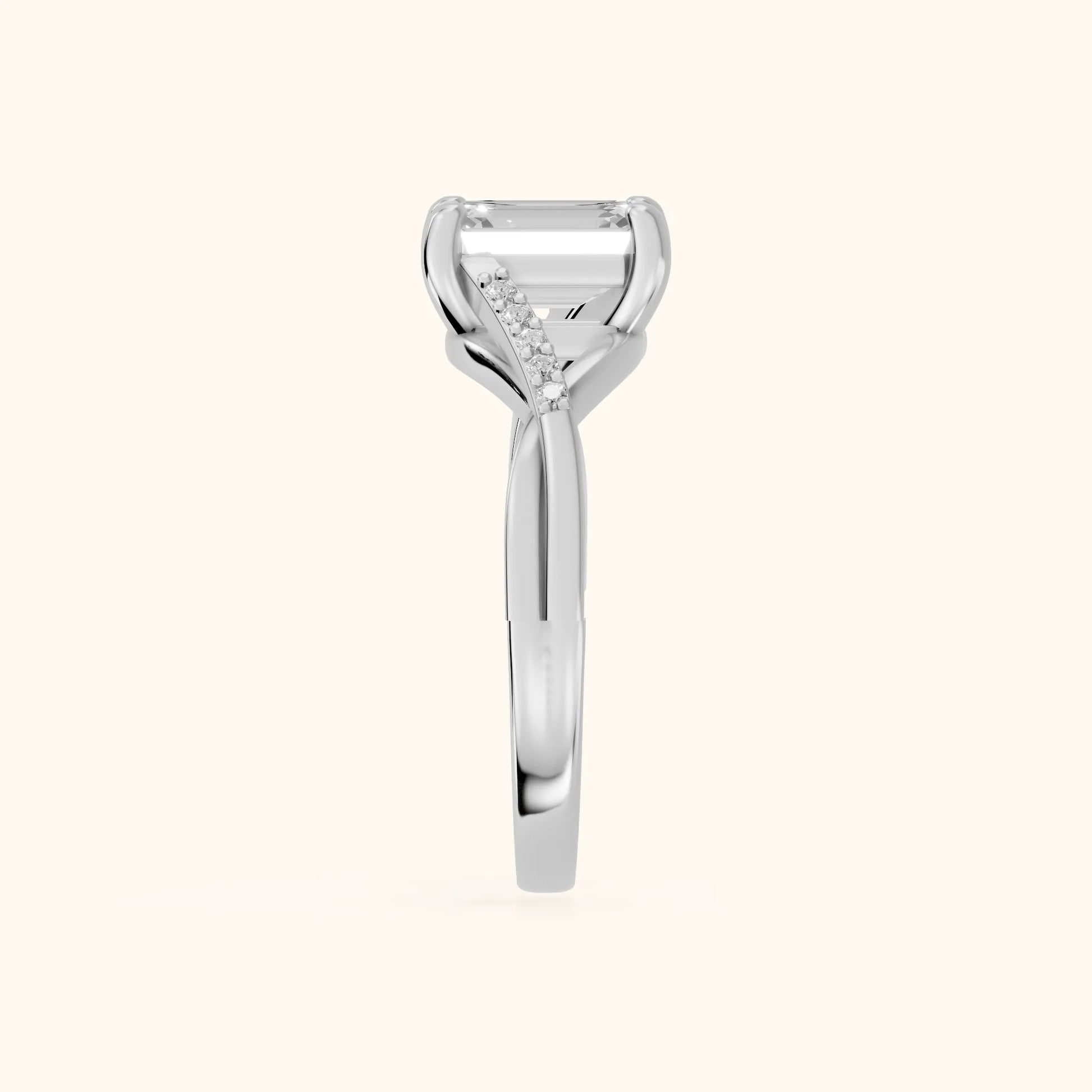 Veronica Twist Side Stone Emerald Diamond Engagement Ring in White Gold - SideView