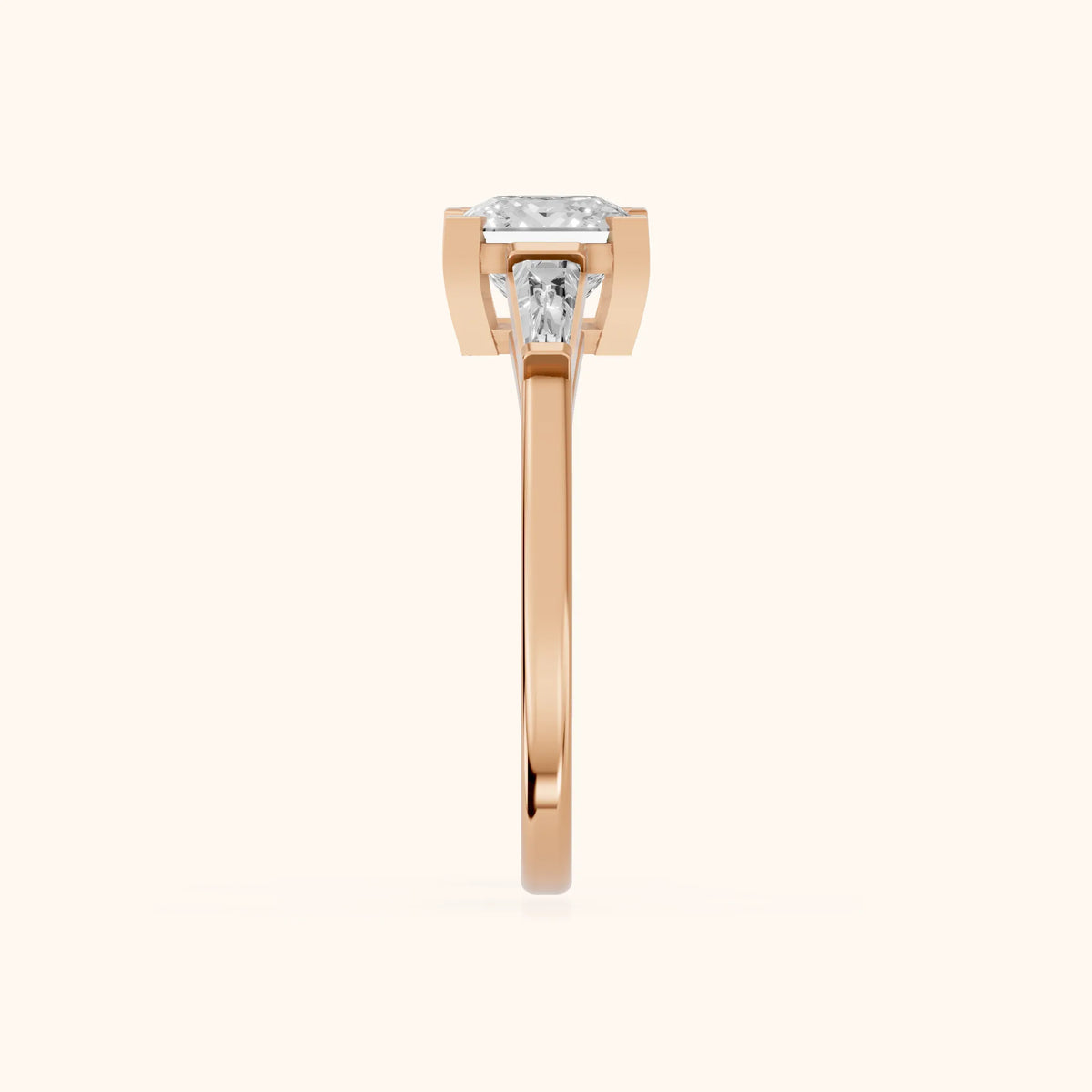 Winnie Three-Stone Princess Diamond Engagement Ring in Rose Gold - SideView.webp