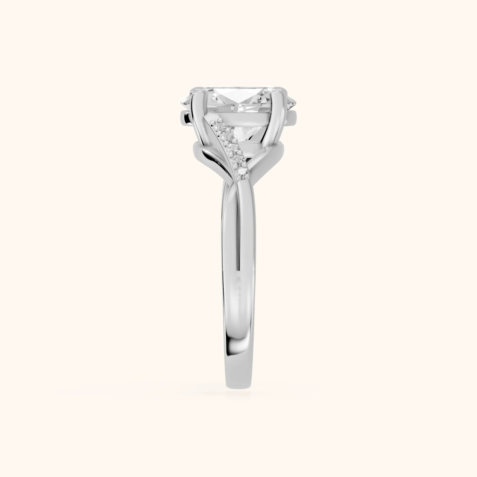 Veronica Twist Side Stone Oval Diamond Engagement Ring in White Gold - SideView