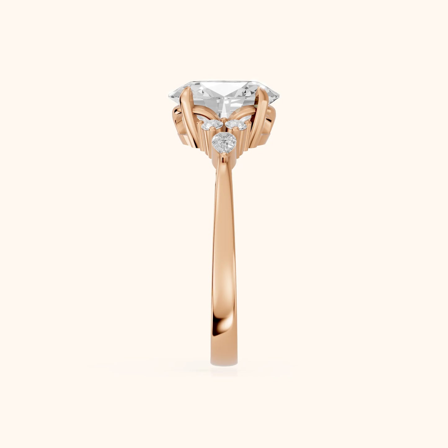 Amelia Three Stone Oval Diamond Engagement Ring in Rose Gold - SideView