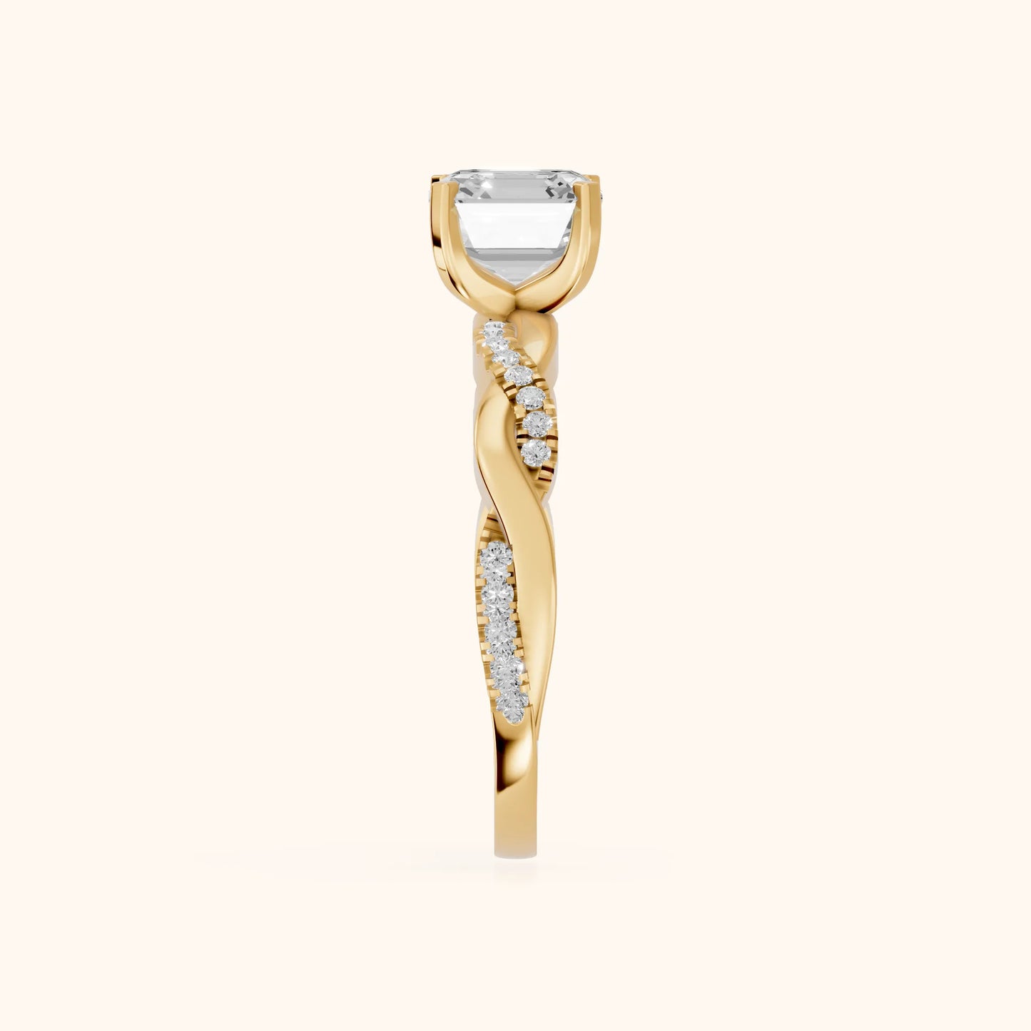Twisted Side Stone Asscher Diamond Engagement Ring in Yellow Gold - SideView