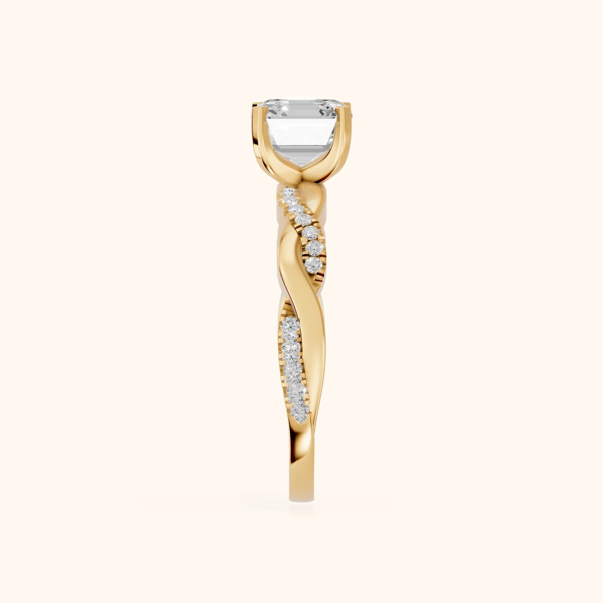 Twisted Side Stone Asscher Diamond Engagement Ring in Yellow Gold - SideView