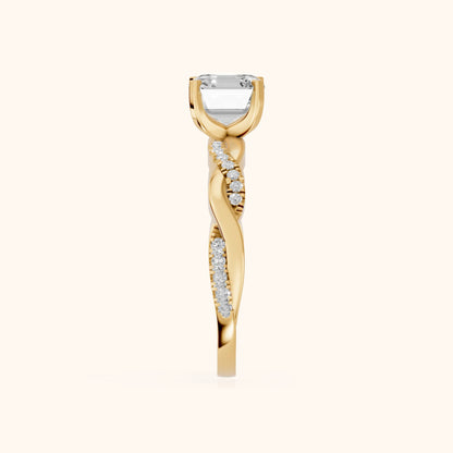 Twisted Side Stone Asscher Diamond Engagement Ring in Yellow Gold - SideView