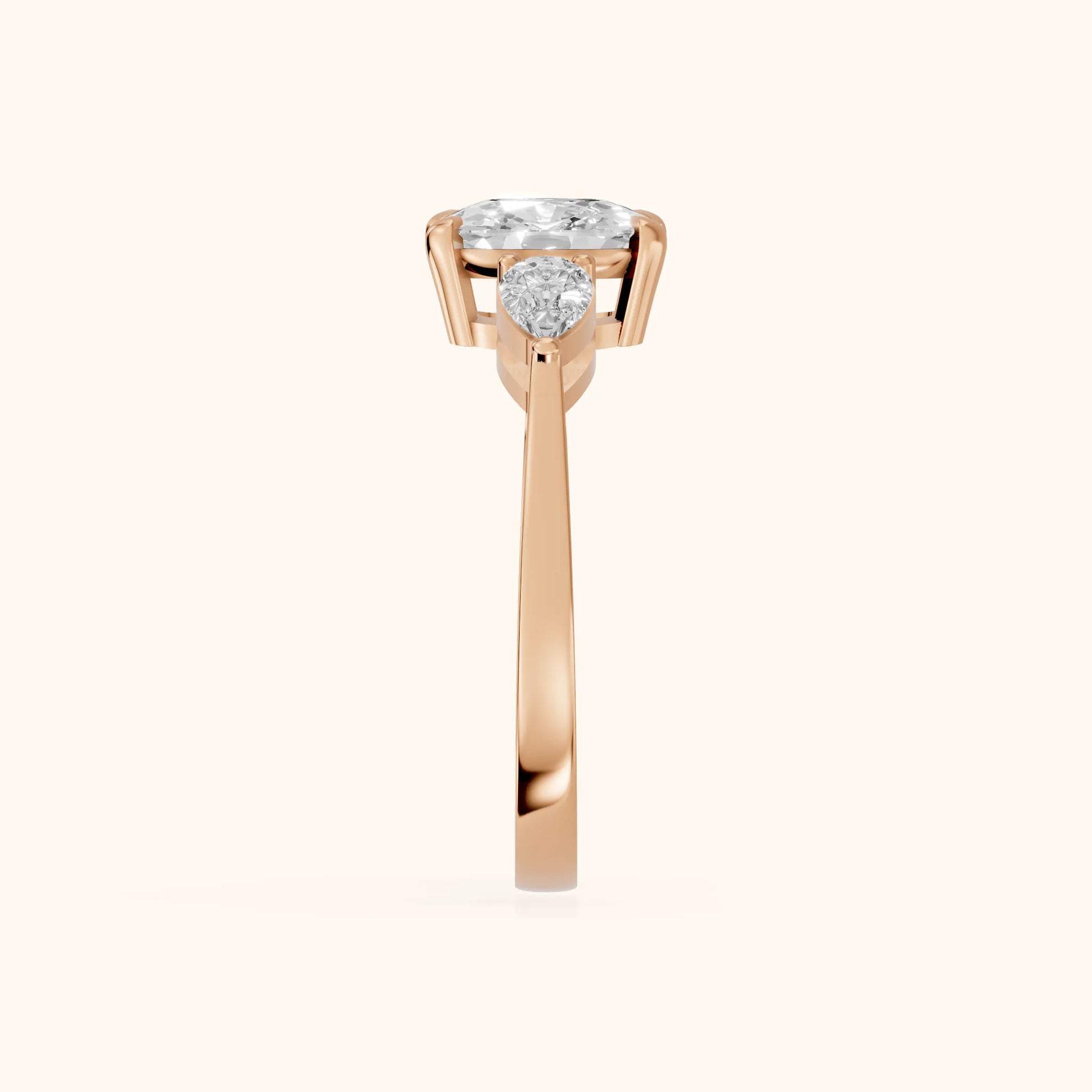 Grace Three Stone Cushion Diamond Engagement Ring in Rose Gold - SideView