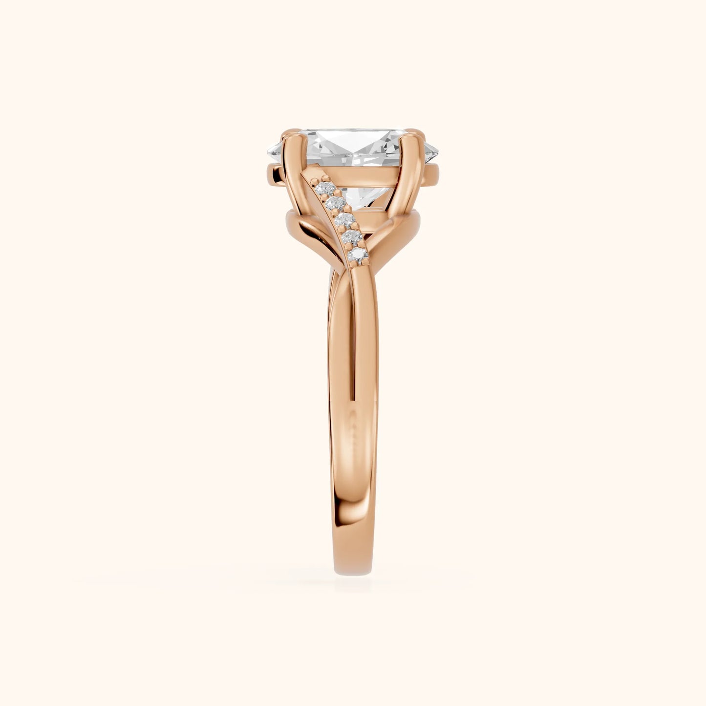 Veronica Twist Side Stone Oval Diamond Engagement Ring in Rose Gold - SideView