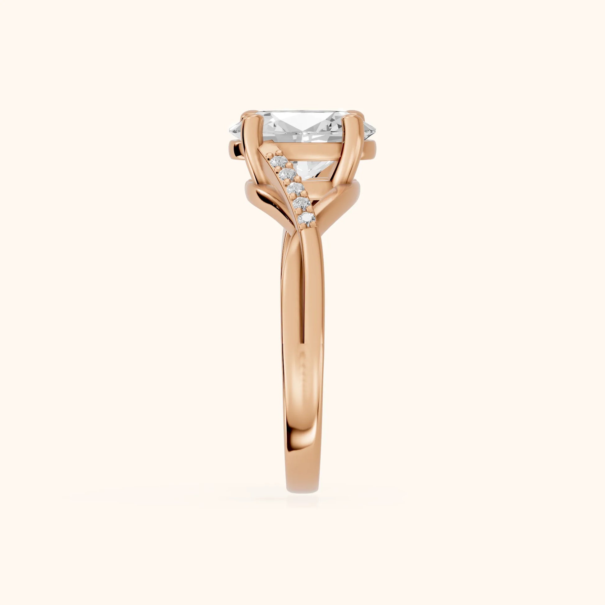 Veronica Twist Side Stone Oval Diamond Engagement Ring in Rose Gold - SideView