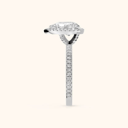 Rosemary Halo Pavé Pear Diamond Engagement Ring in Platinum - SideView.webp
