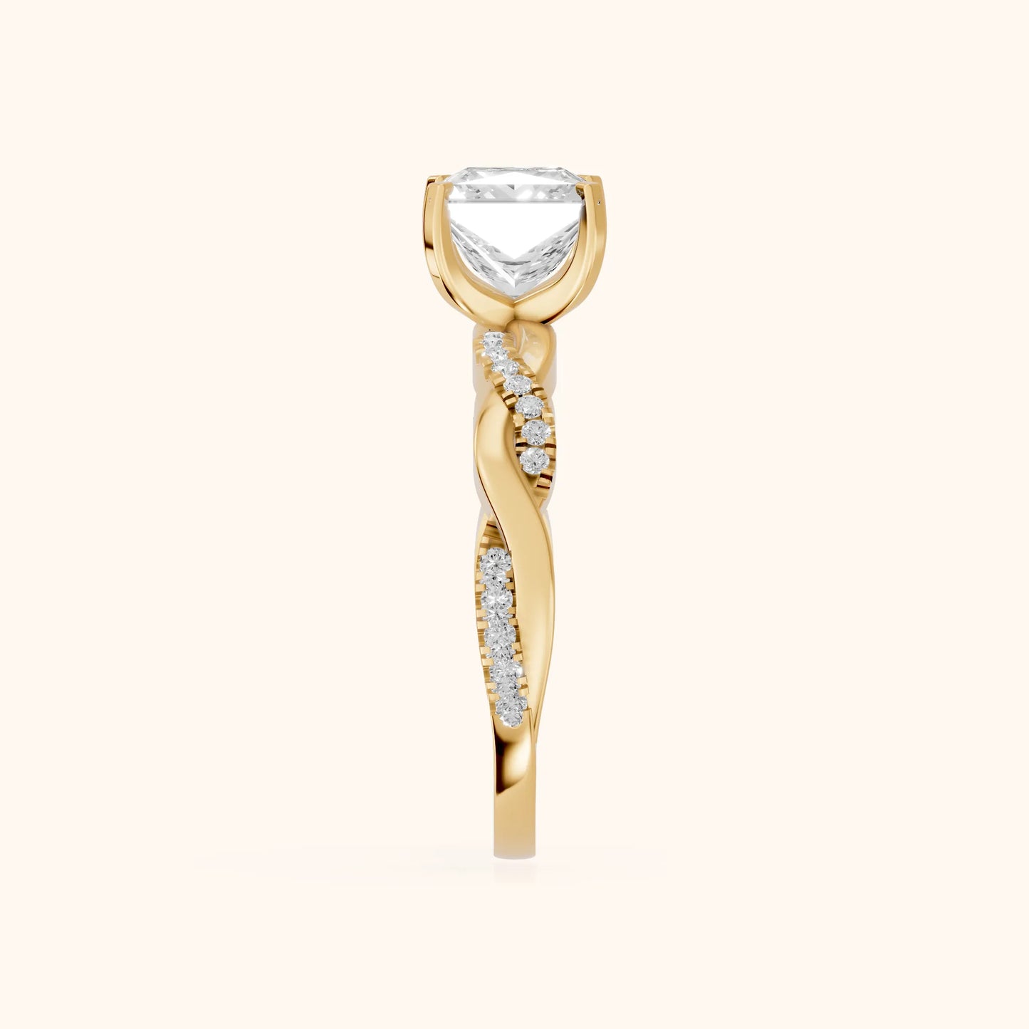 Twisted Side Stone Princess Diamond Engagement Ring in Yellow Gold - SideView