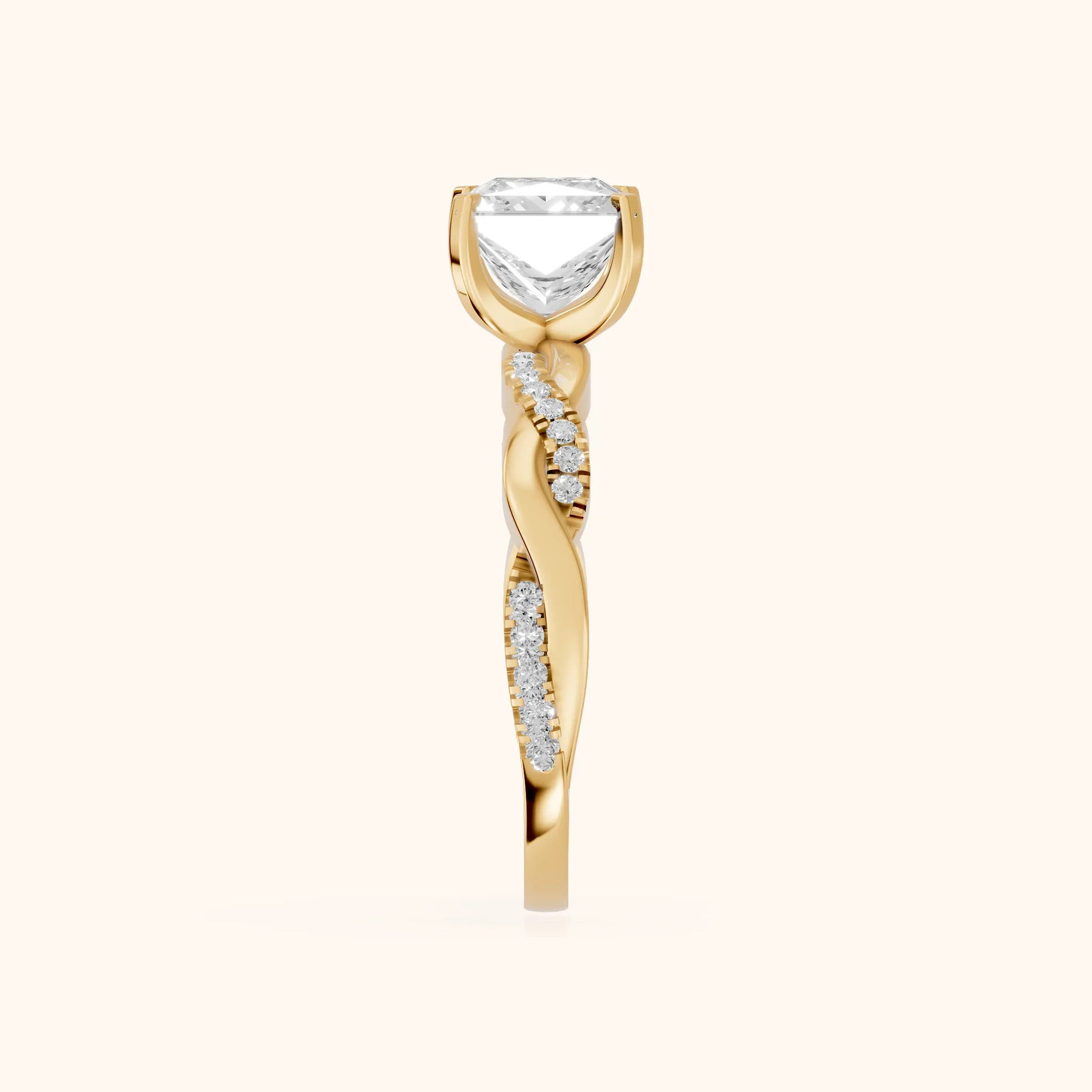 Twisted Side Stone Princess Diamond Engagement Ring in Yellow Gold - SideView