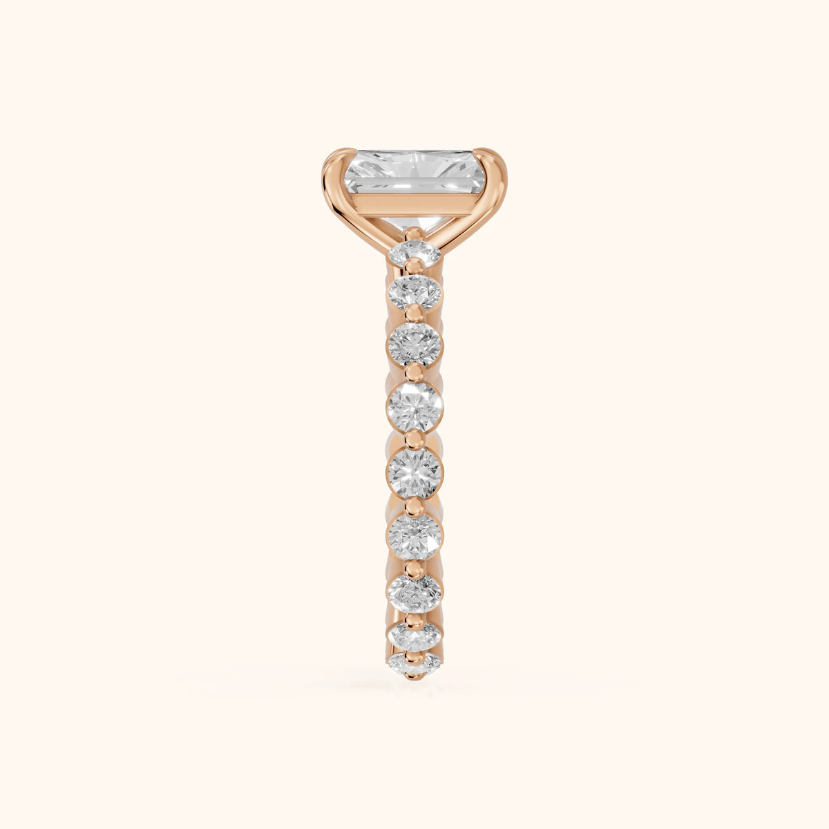 Piper Sidestone Radiant Diamond Engagement Ring in Rose Gold - SideView.webp