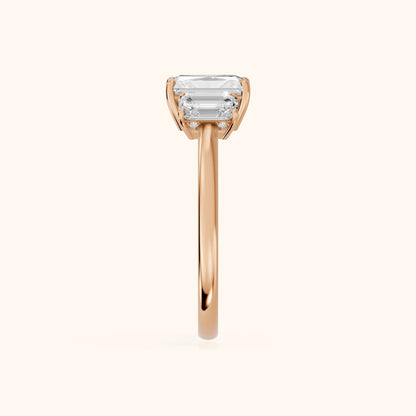 Marian Three-Stone Hidden Halo Radiant Diamond Engagement Ring in Rose Gold - SideView.webp