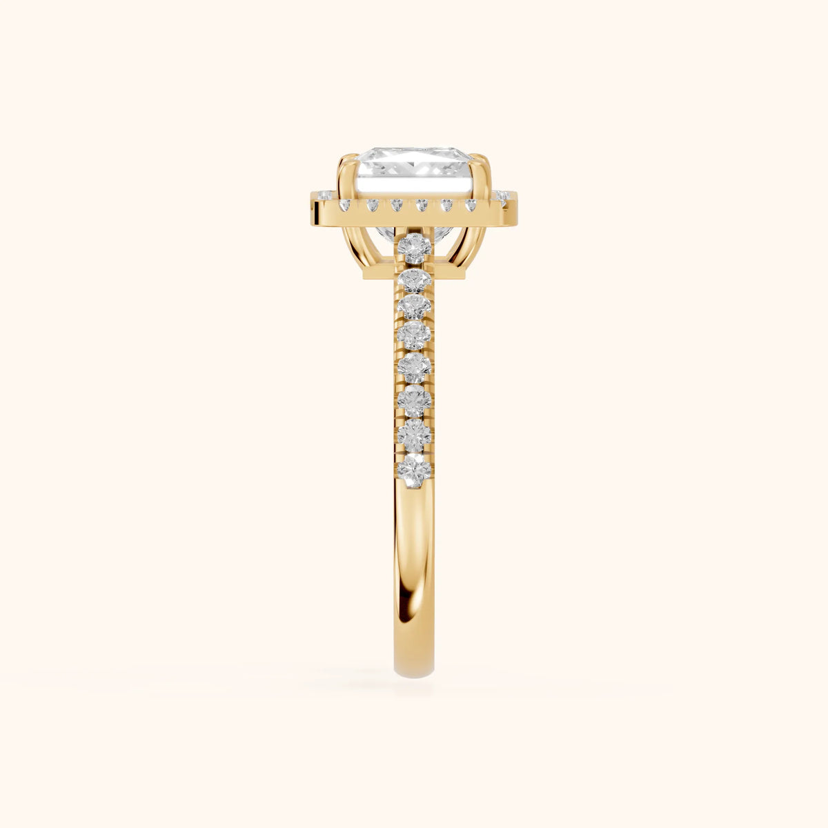 Mabel Halo French Pavé Princess Diamond Engagement Ring in Yellow Gold - SideView.webp