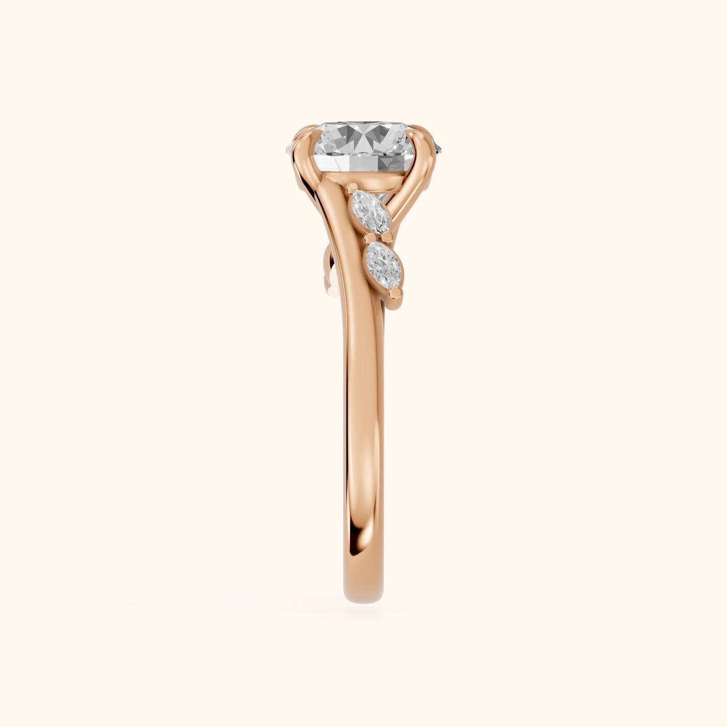 Flora Twist Side Stone Round Diamond Engagement Ring in Rose Gold - SideView