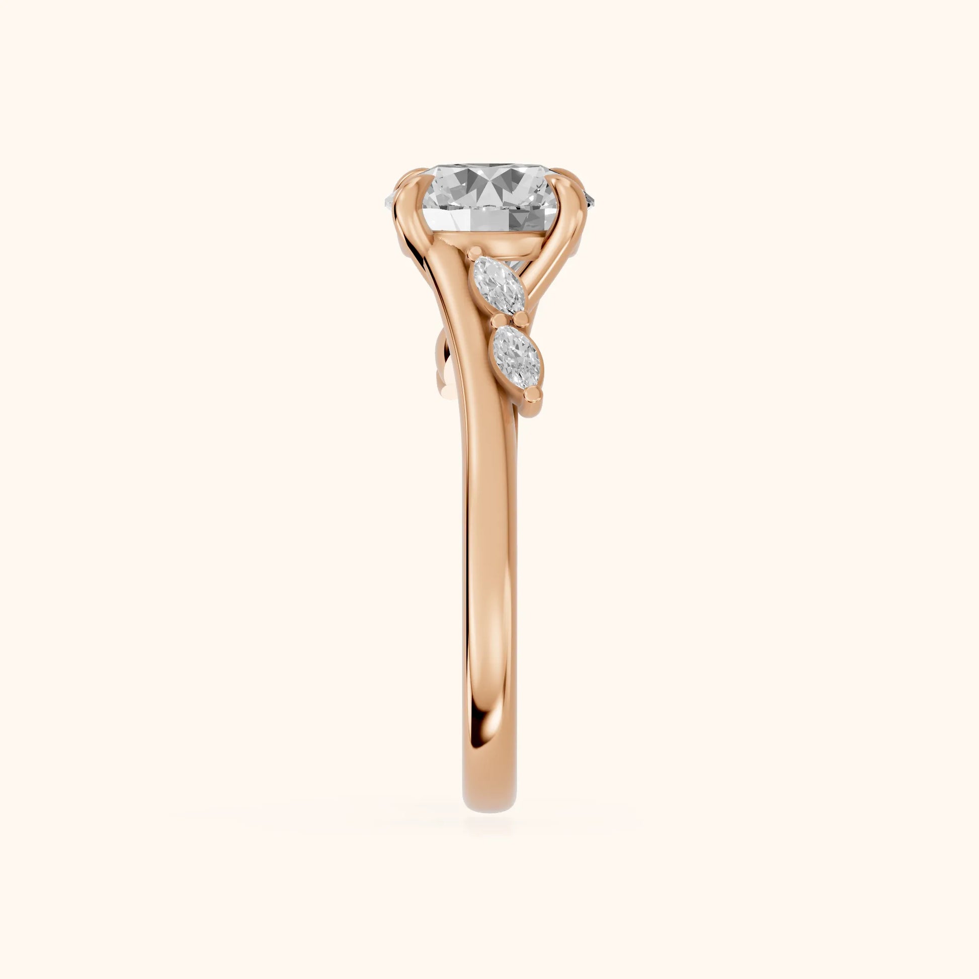 Flora Twist Side Stone Round Diamond Engagement Ring in Rose Gold - SideView