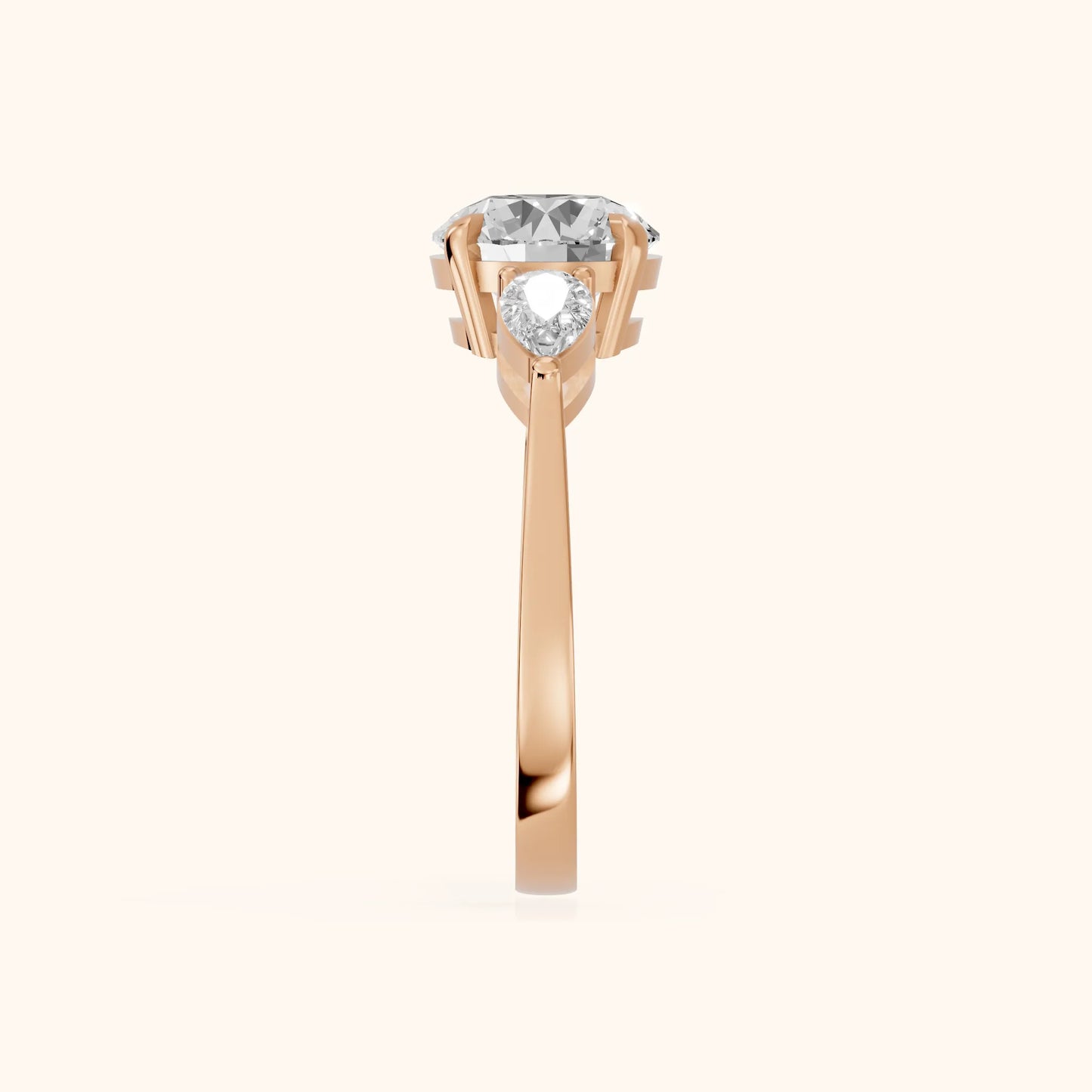 Grace Three Stone Round Diamond Engagement Ring in Rose Gold - SideView