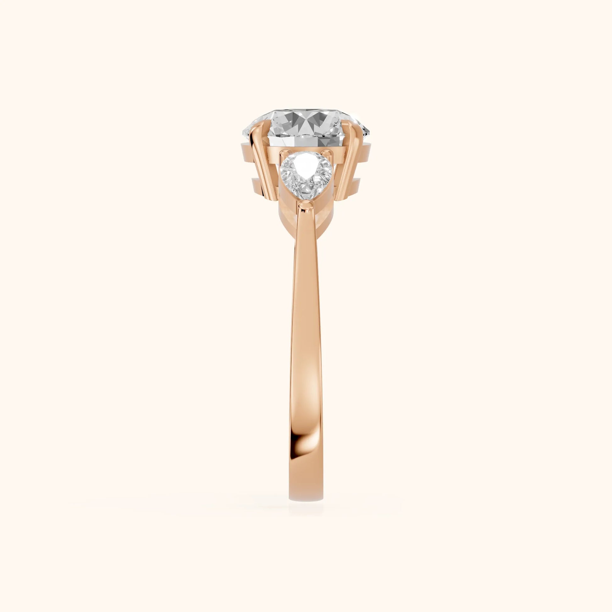 Grace Three Stone Round Diamond Engagement Ring in Rose Gold - SideView