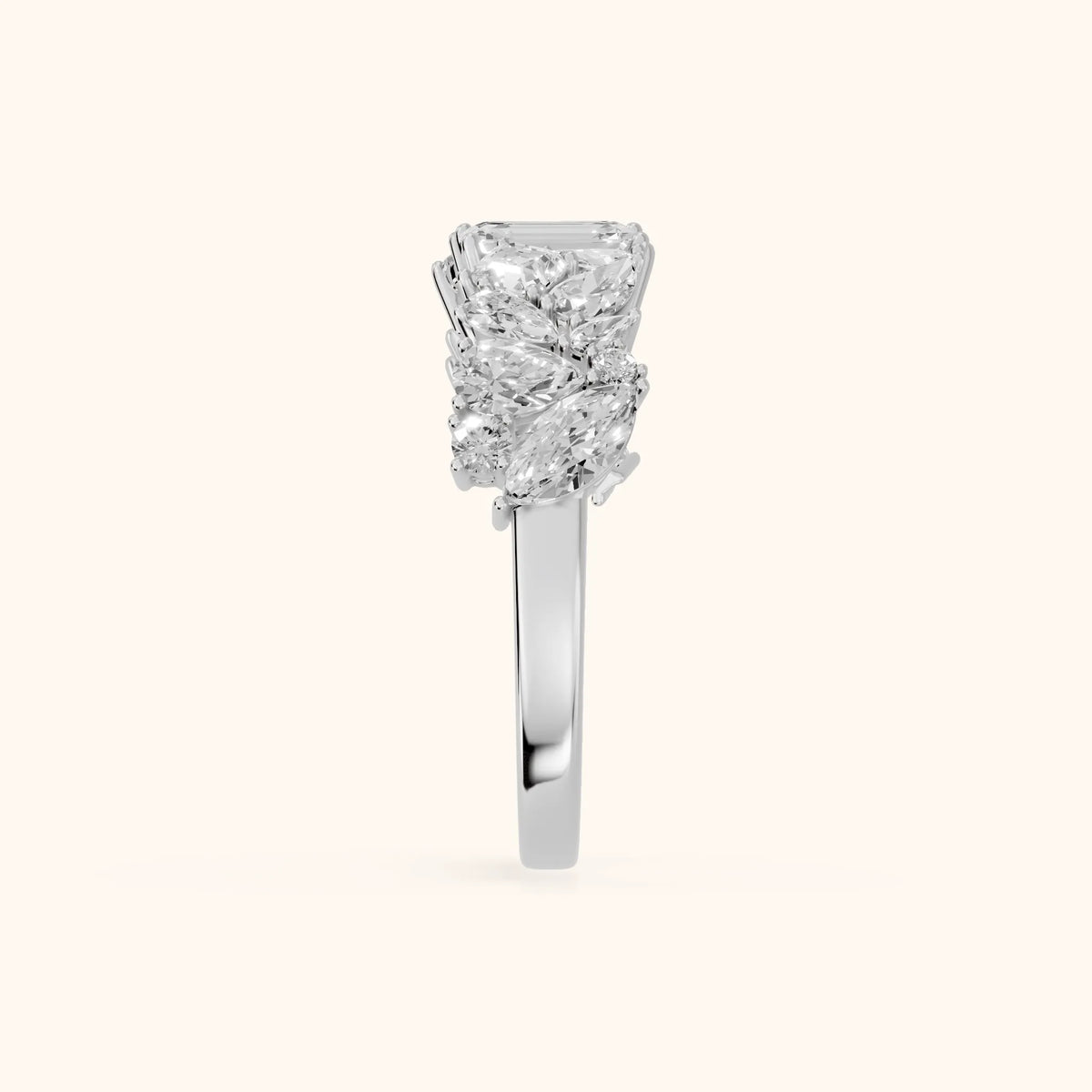 Isha Cluster Emerald & Pear Diamond Anniversary Ring in Silver - SideView