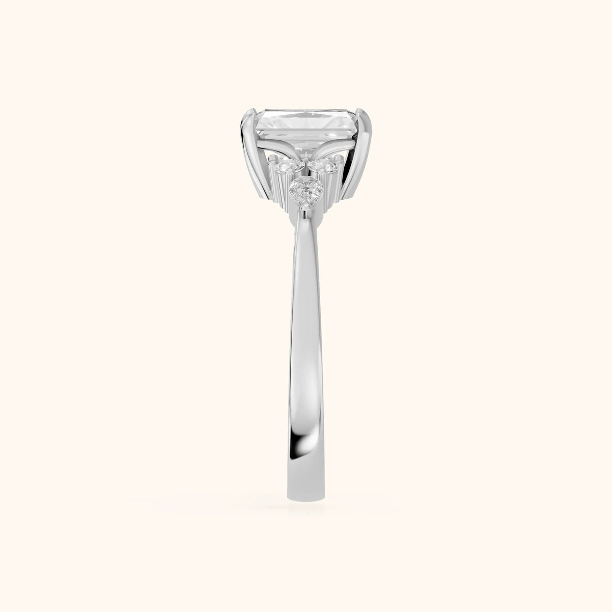 Amelia Three Stone Radiant Diamond Engagement Ring in Platinum - SideView