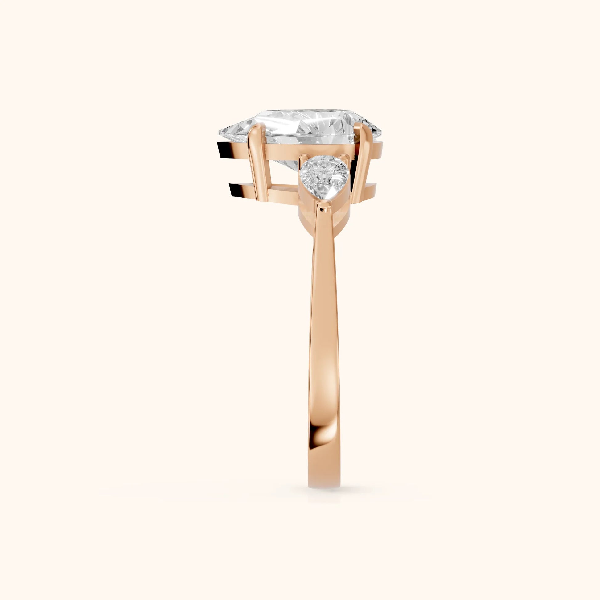 Grace Three Stone Pear Diamond Engagement Ring in Rose Gold - SideView