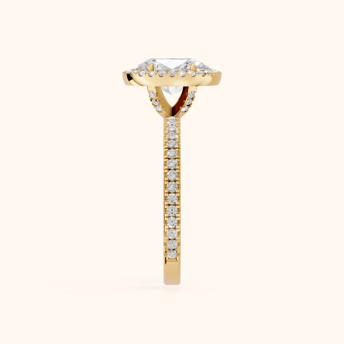 Rosemary Halo Pavé Oval Diamond Engagement Ring in Yellow Gold - SideView.webp