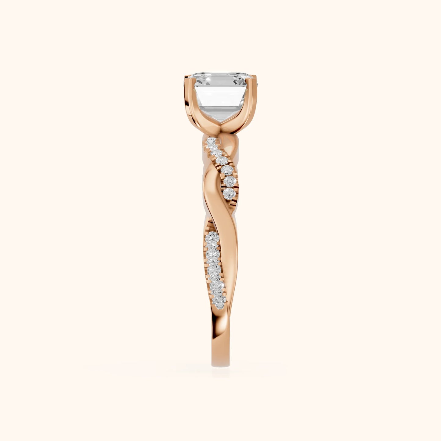 Twisted Side Stone Asscher Diamond Engagement Ring in Rose Gold - SideView