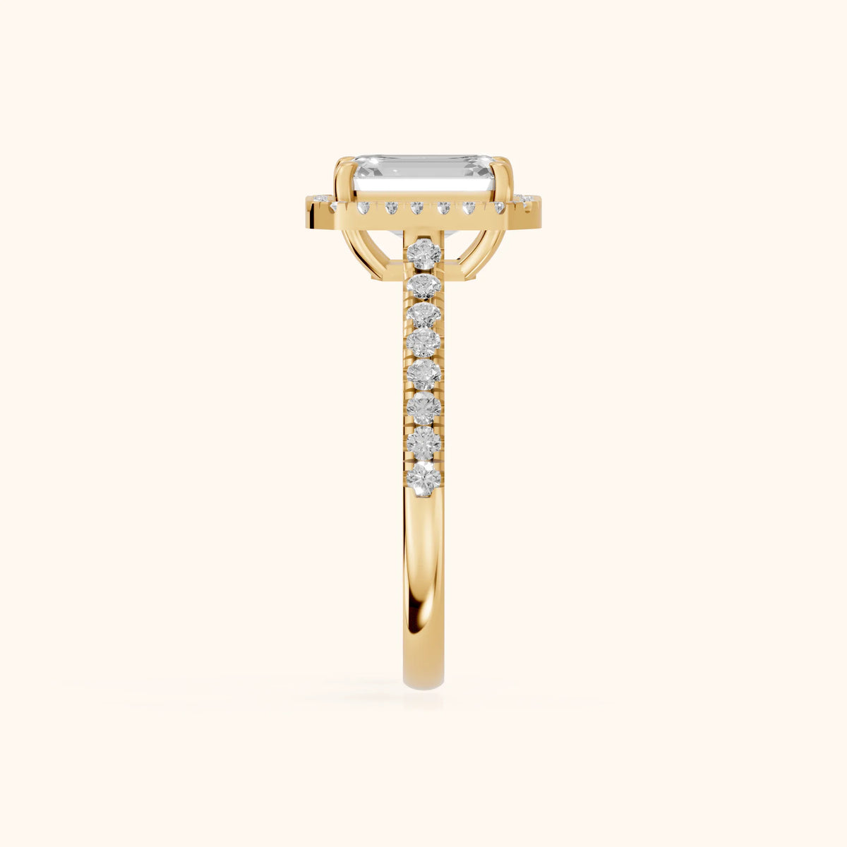 Mabel Halo French Pavé Emerald Diamond Engagement Ring in Yellow Gold - SideView.webp