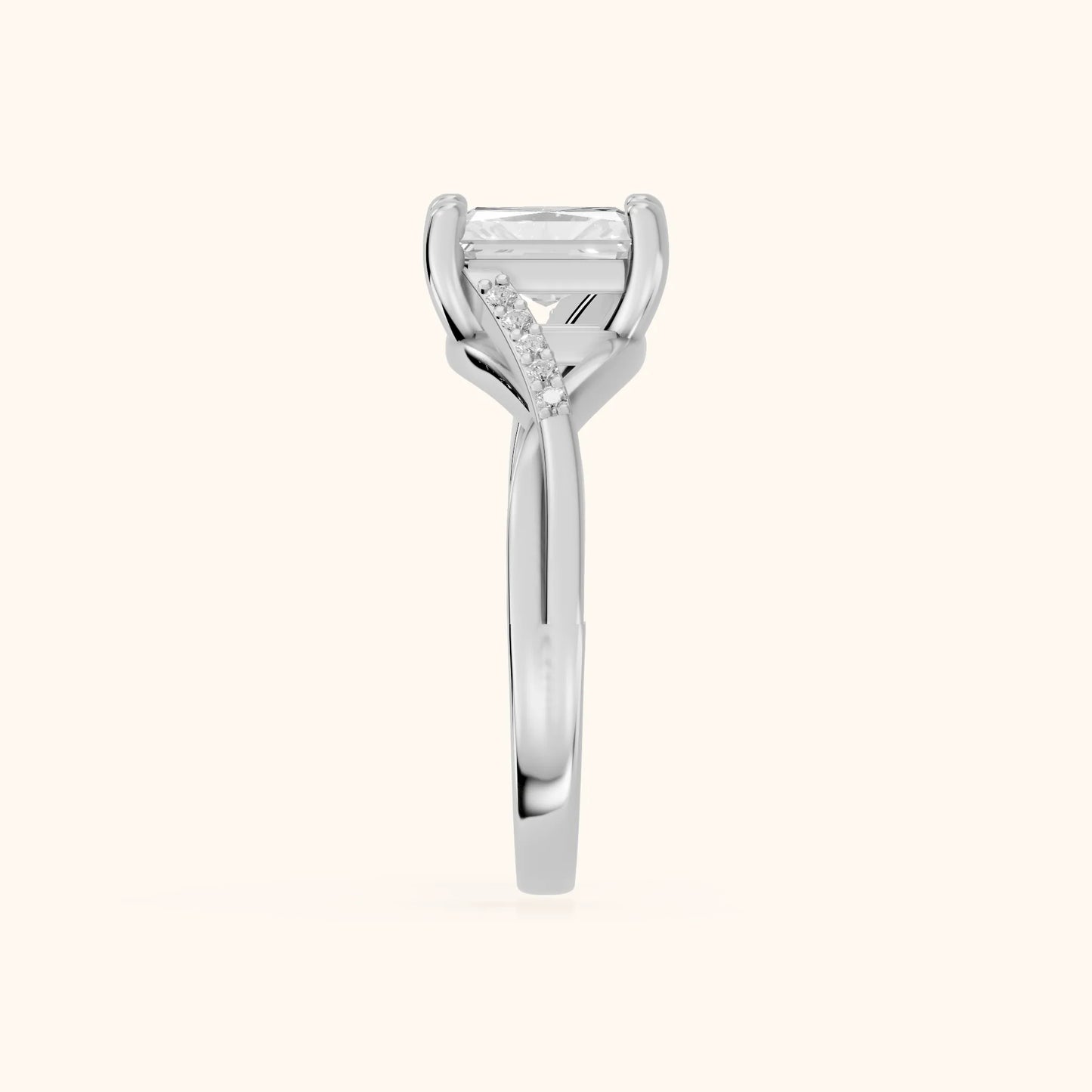 Veronica Twist Side Stone Radiant Diamond Engagement Ring in White Gold - SideView
