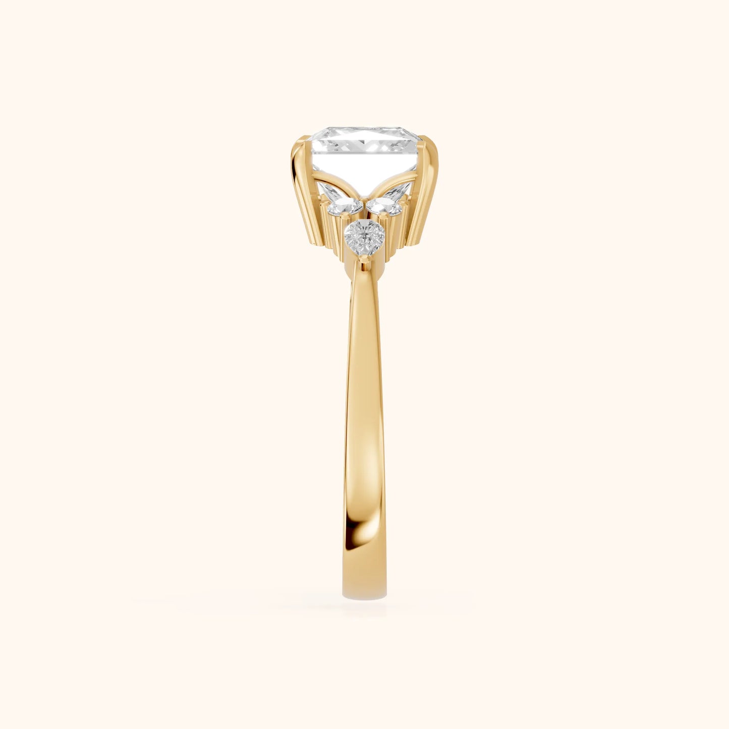 Amelia Three Stone Princess Diamond Engagement Ring in Yellow Gold - SideView