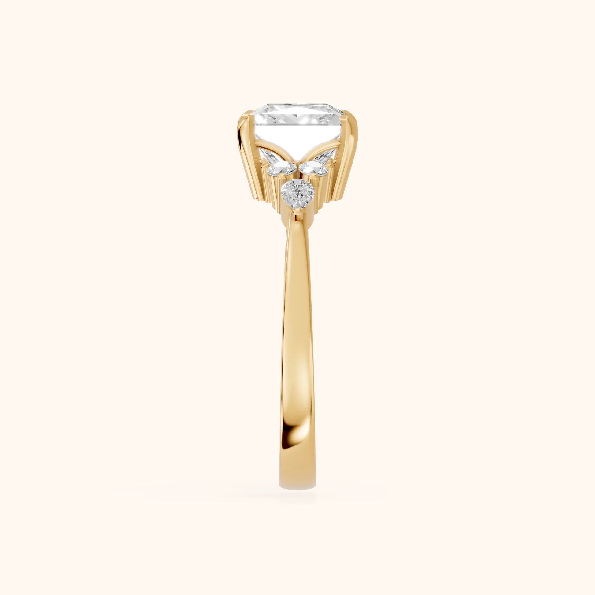 Amelia Three Stone Princess Diamond Engagement Ring in Yellow Gold - SideView