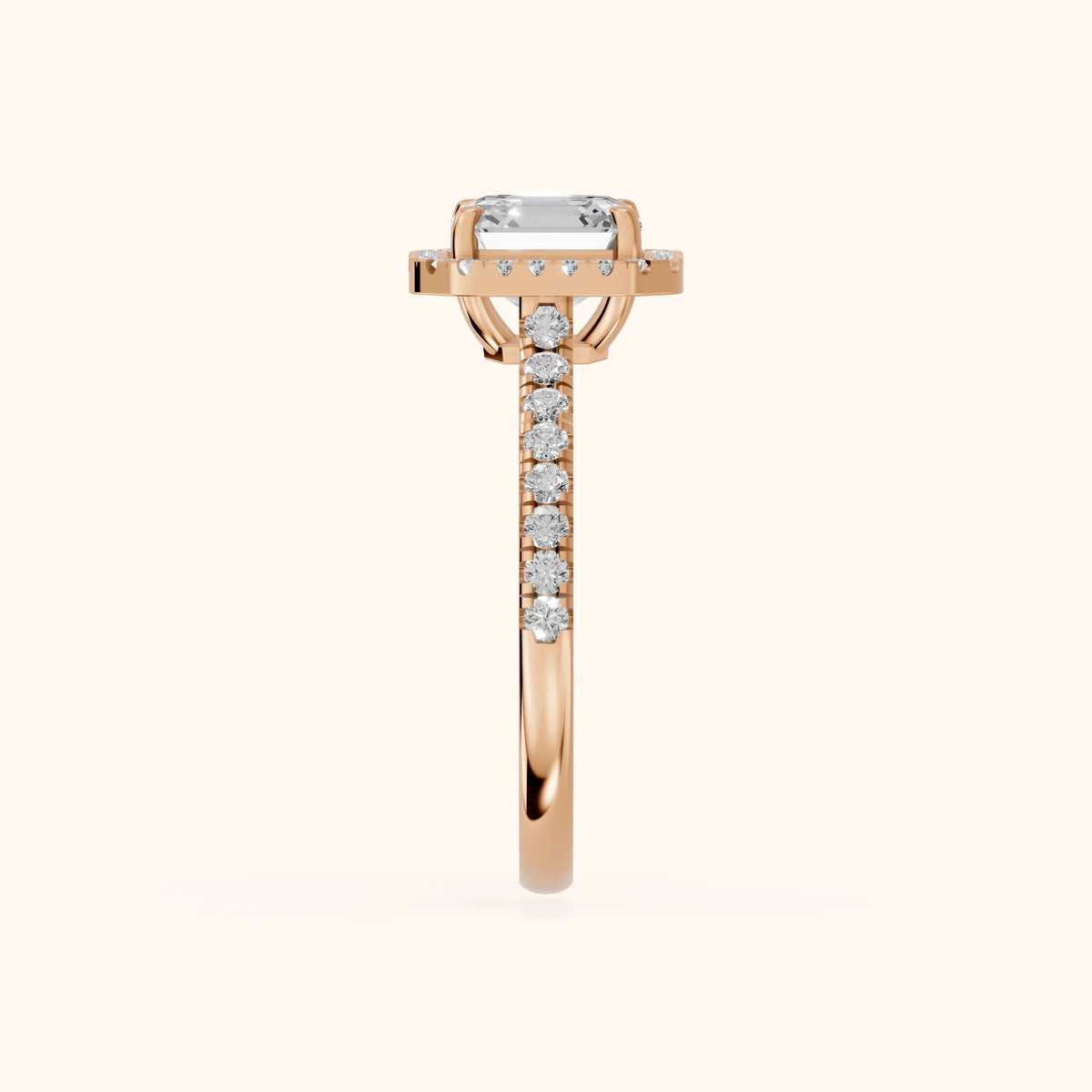 Mabel Halo French Pavé Asscher Diamond Engagement Ring in Rose Gold - SideView.webp