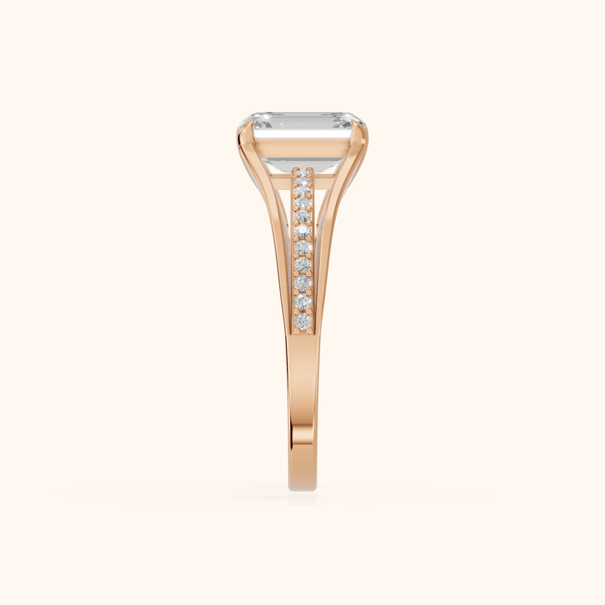 Lucinda Split Shank Emerald Diamond Engagement Ring in Rose Gold - SideView.webp