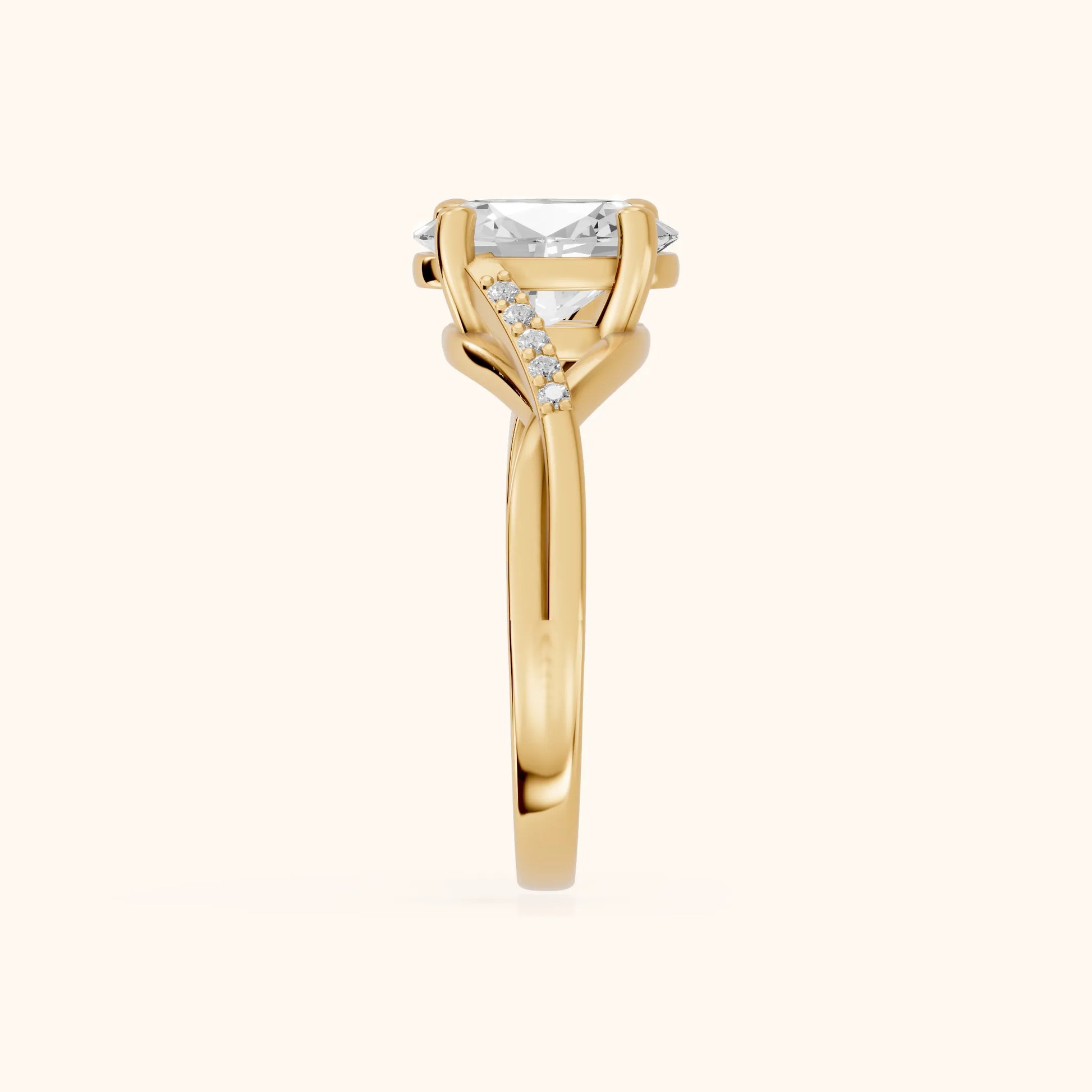 Veronica Twist Side Stone Oval Diamond Engagement Ring in Yellow Gold - SideView