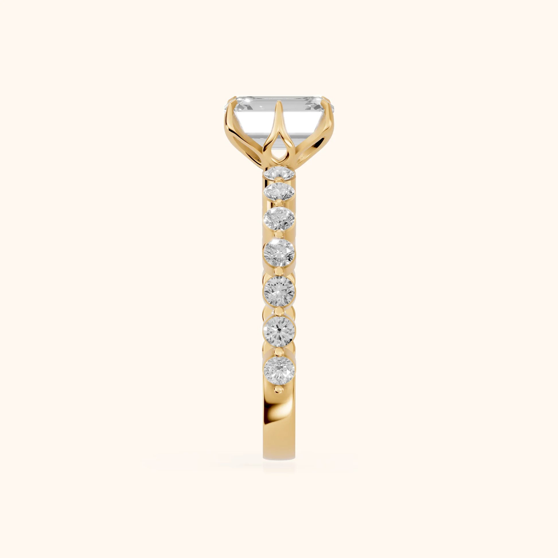 Eleanor Majesty Side Stone Emerald Diamond Engagement Ring in Yellow Gold - SideView