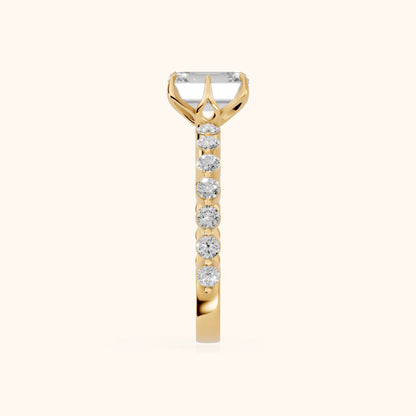 Eleanor Majesty Side Stone Emerald Diamond Engagement Ring in Yellow Gold - SideView