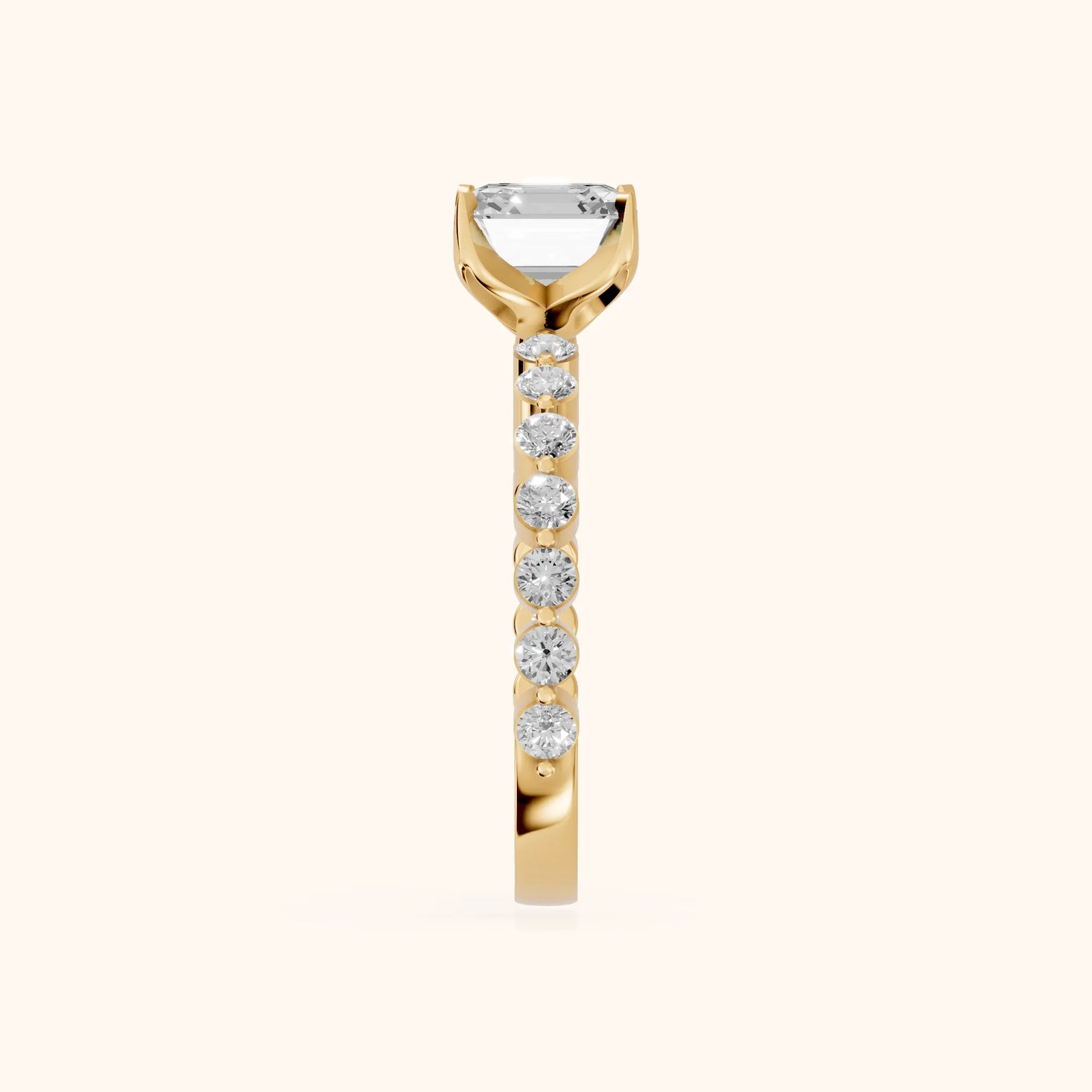 Eleanor Majesty Side Stone Cushion Diamond Engagement Ring in Yellow Gold - SideView