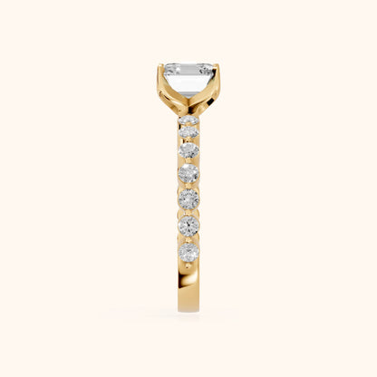 Eleanor Majesty Side Stone Cushion Diamond Engagement Ring in Yellow Gold - SideView