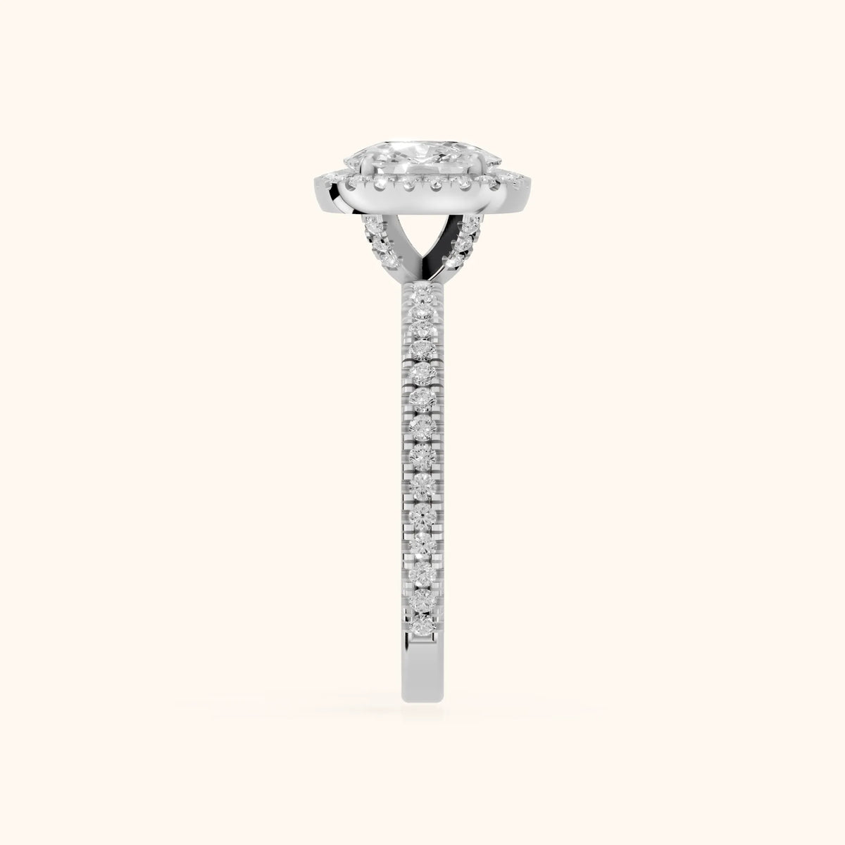 Rosemary Halo Pavé Cushion Diamond Engagement Ring in Silver - SideView.webp