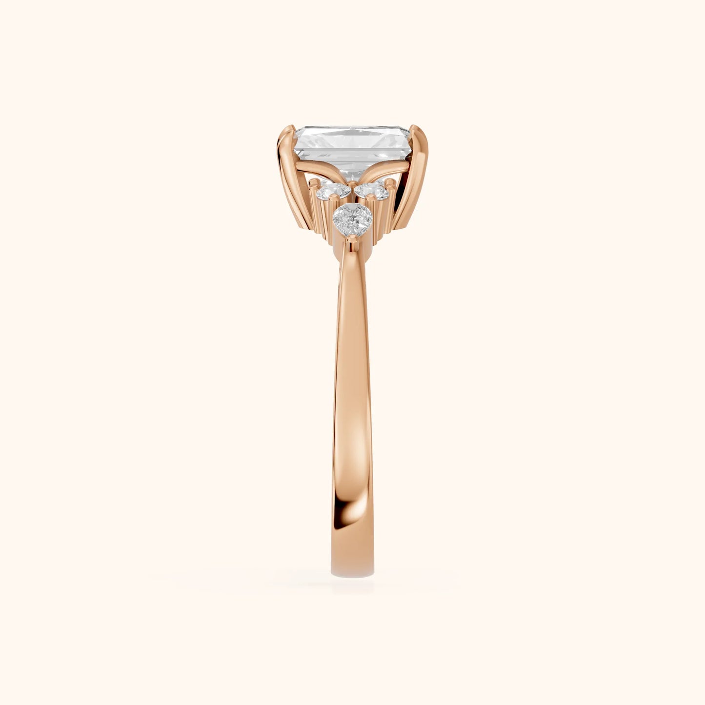 Amelia Three Stone Radiant Diamond Engagement Ring in Rose Gold - SideView