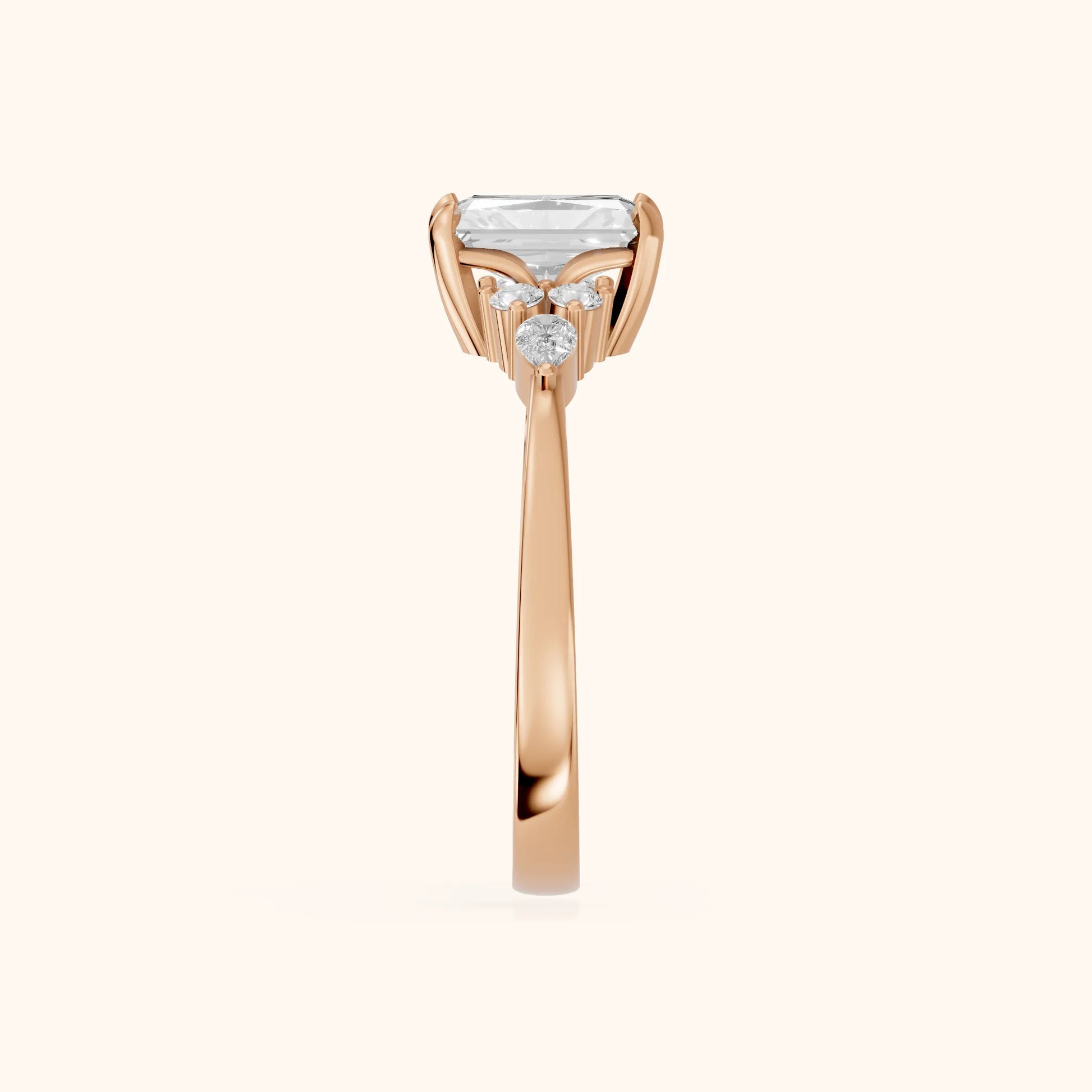Amelia Three Stone Radiant Diamond Engagement Ring in Rose Gold - SideView