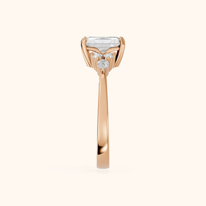 Amelia Three Stone Radiant Diamond Engagement Ring in Rose Gold - SideView