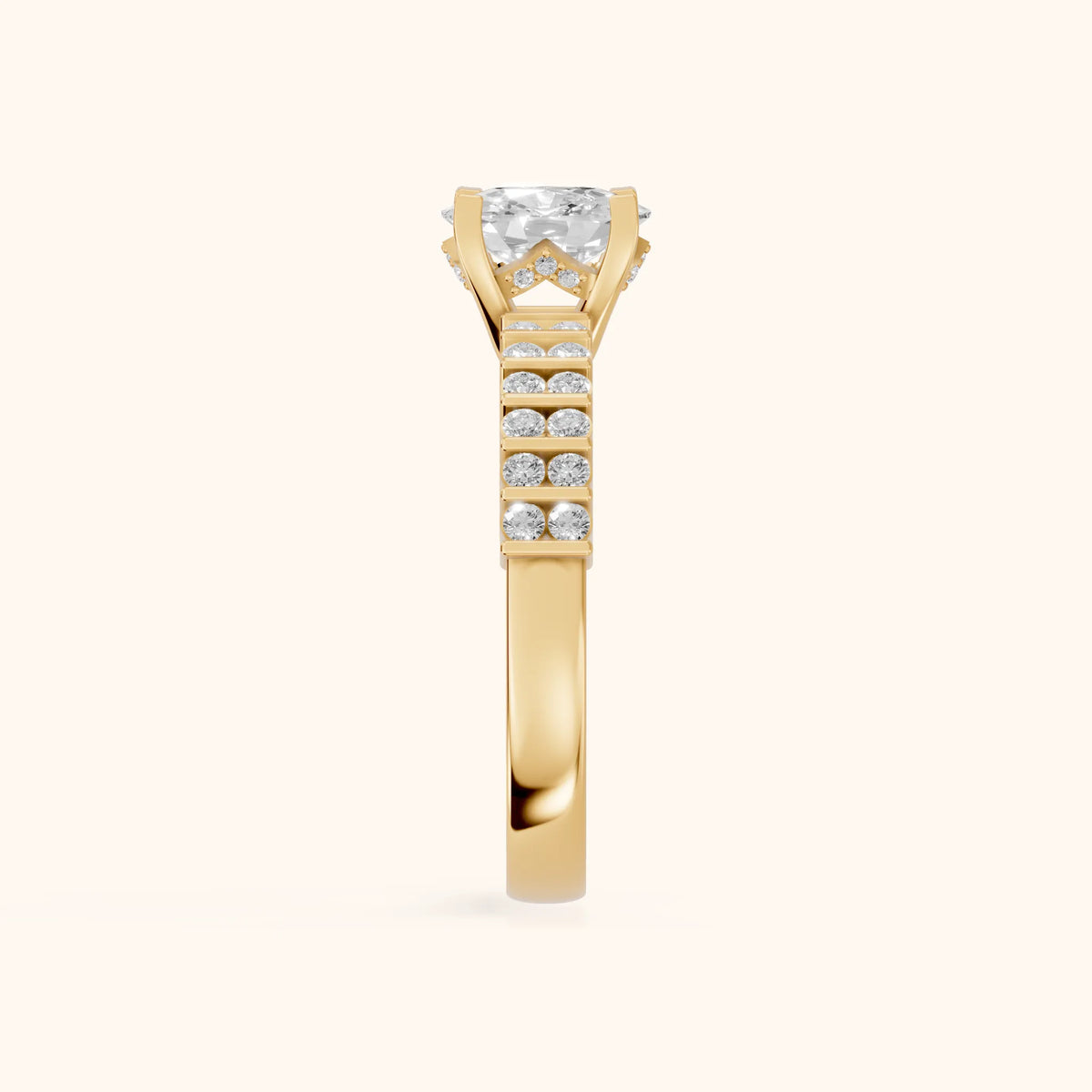 Honor Sidestone Cushion Diamond Engagement Ring in Yellow Gold - SideView.webp