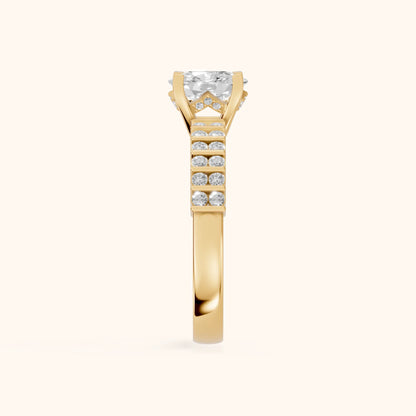 Honor Sidestone Cushion Diamond Engagement Ring in Yellow Gold - SideView.webp