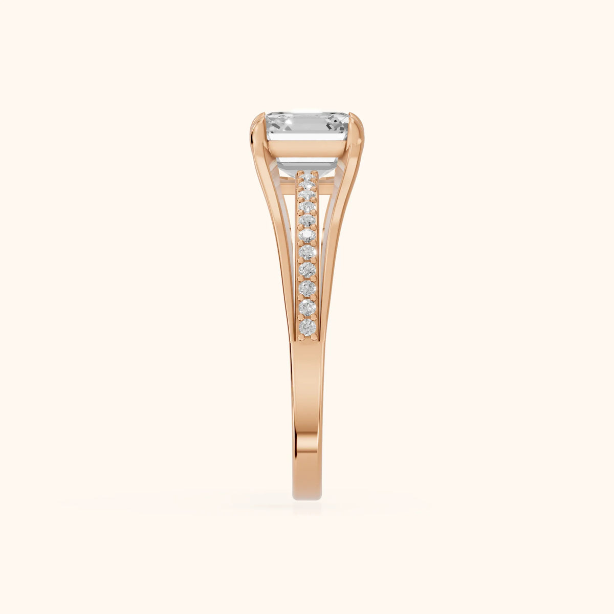 Lucinda Split Shank Asscher Diamond Engagement Ring in Rose Gold - SideView.webp