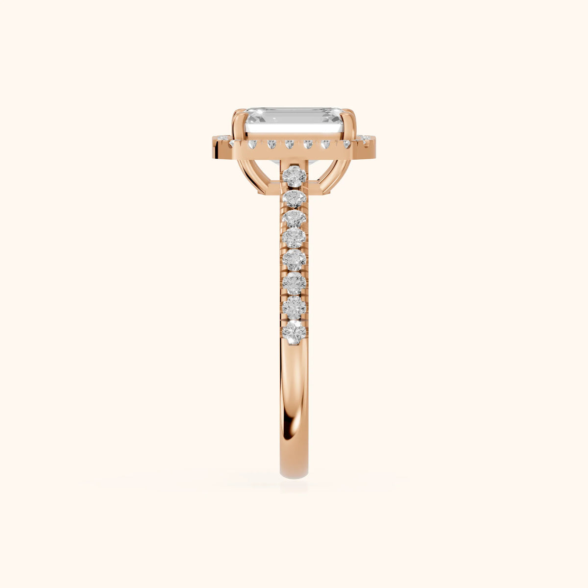 Mabel Halo French Pavé Emerald Diamond Engagement Ring in Rose Gold - SideView.webp